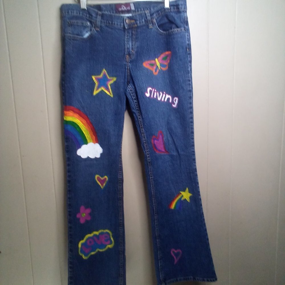 Jordache Lo Rise Stretch Jeans 13 14 Regular Straight Painted Rainbow Love